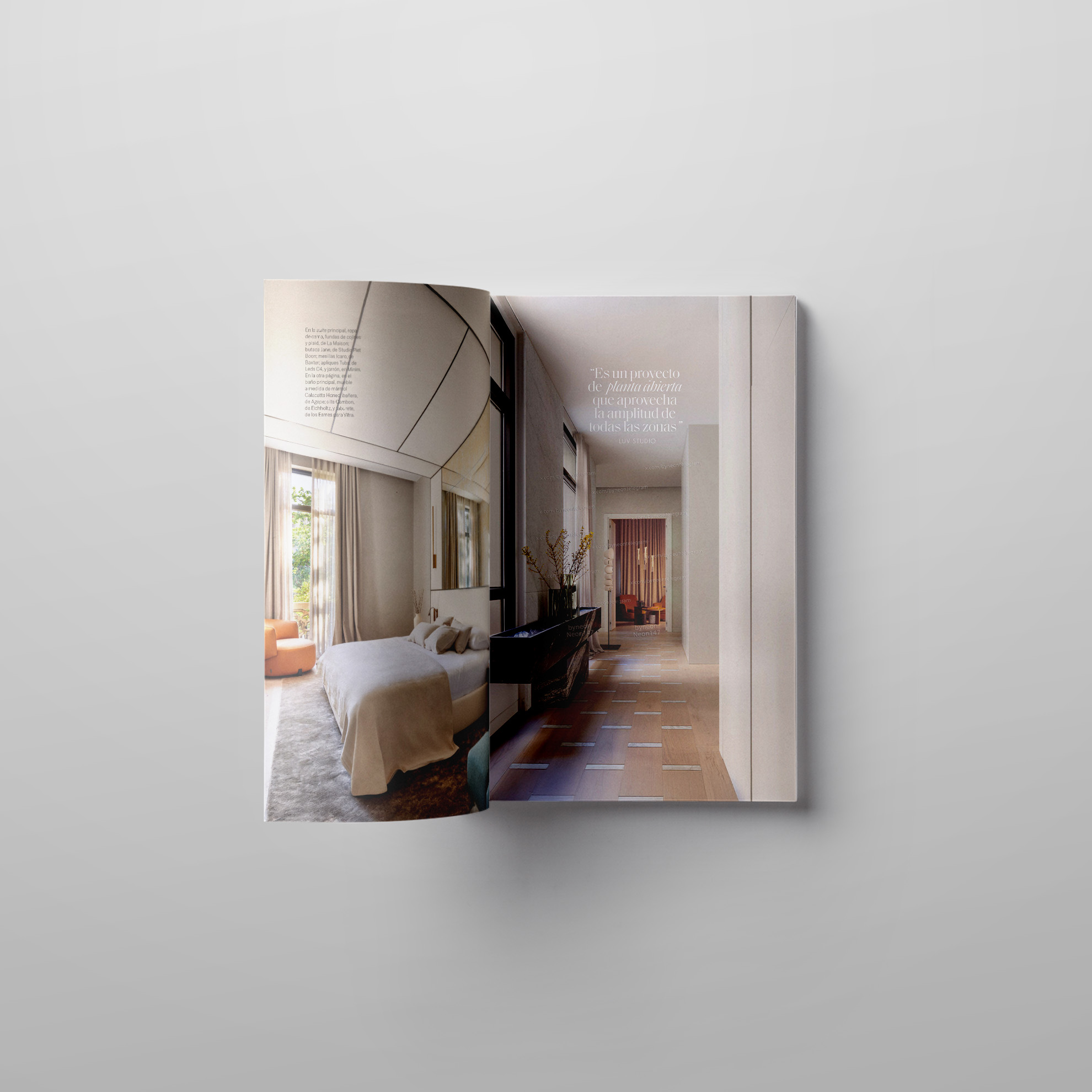 Bedroom and corridor designed by LUV Studio, featuring curved ceiling lines, soft textures and a calm, minimalist interior.